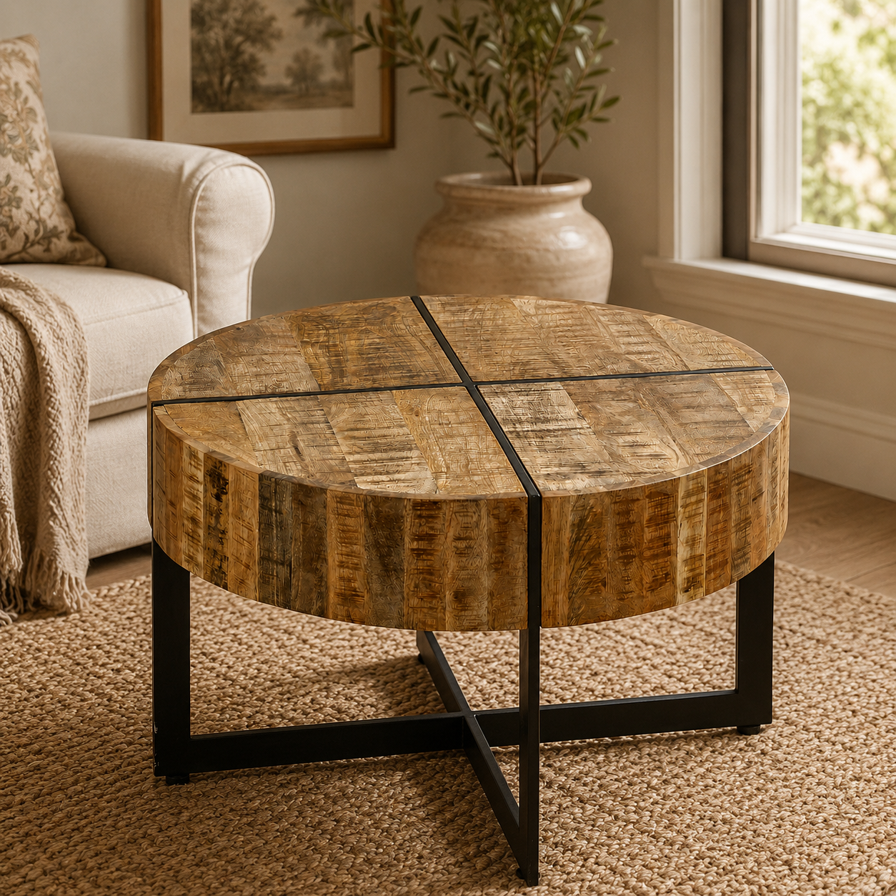 Sundara Coffee Table with Inlaid Metal Legs – Solid Mango Wood