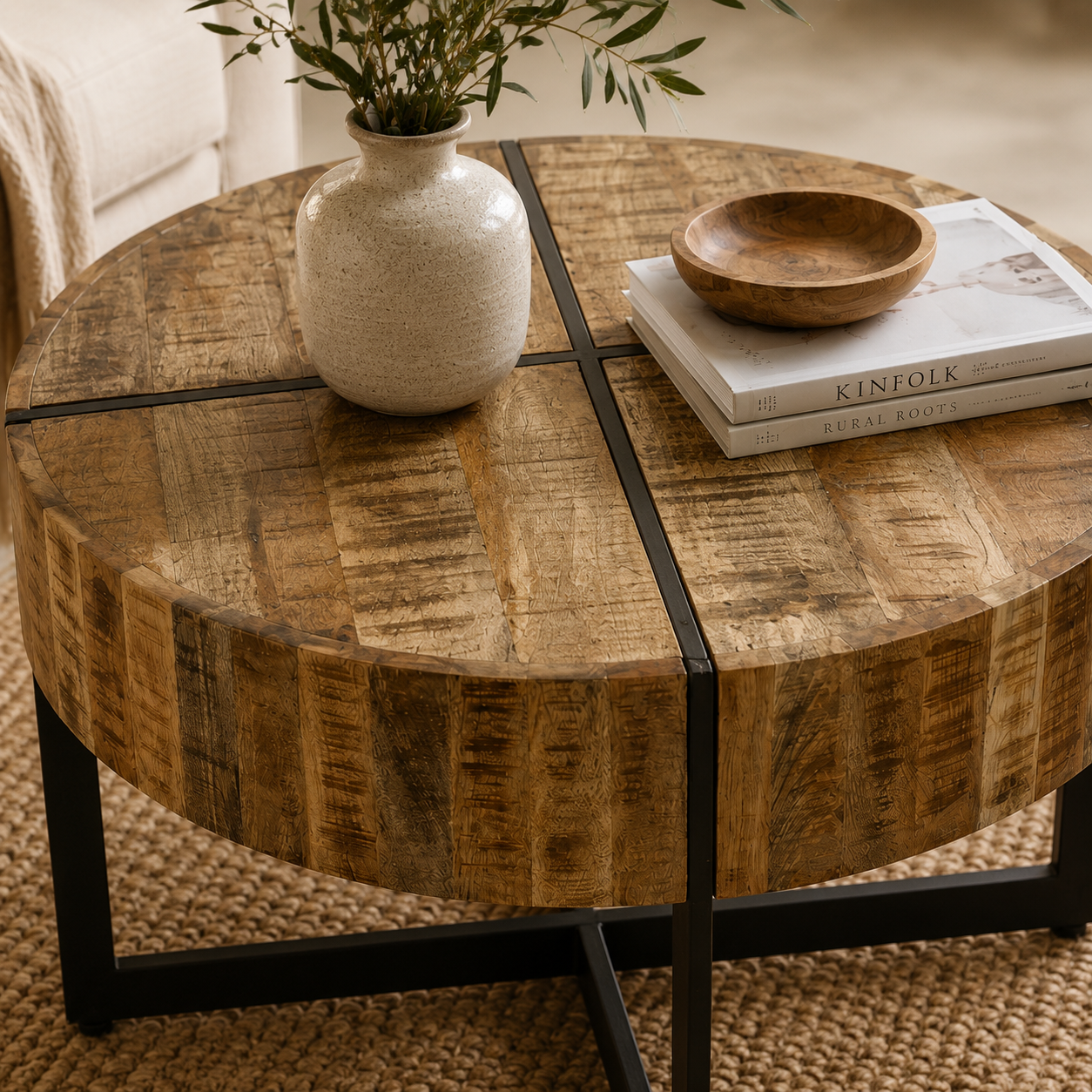 Sundara Coffee Table with Inlaid Metal Legs – Solid Mango Wood