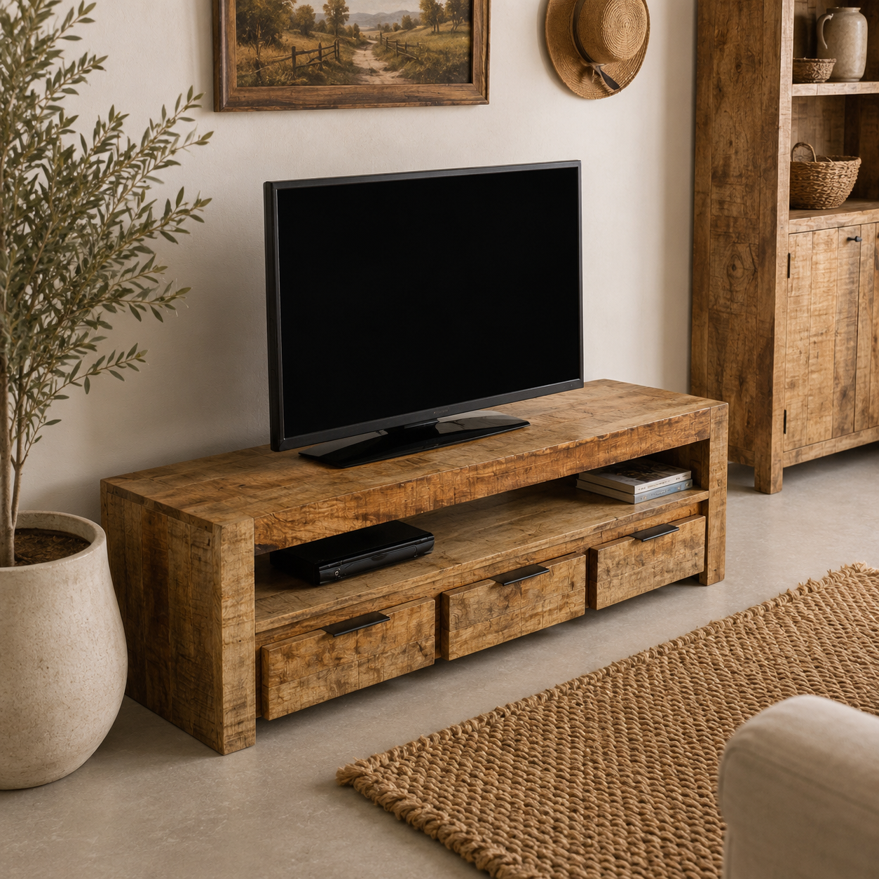 Sundara Large TV Unit with 3 Drawers – Light Mango Wood