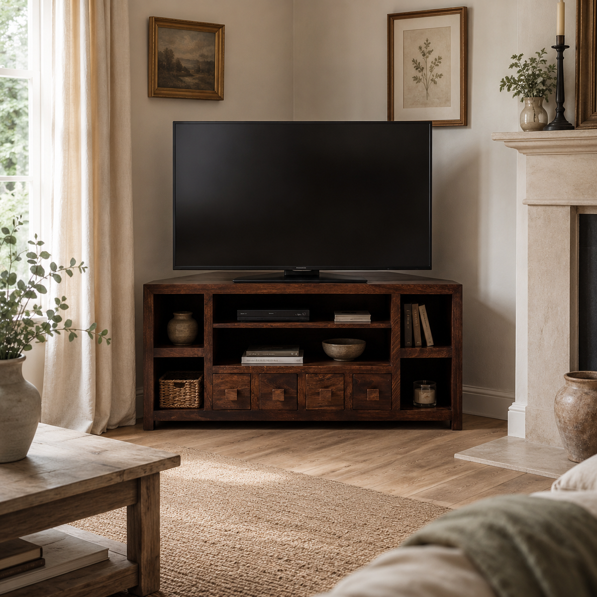 Amrai Corner TV Unit – Dark Mango