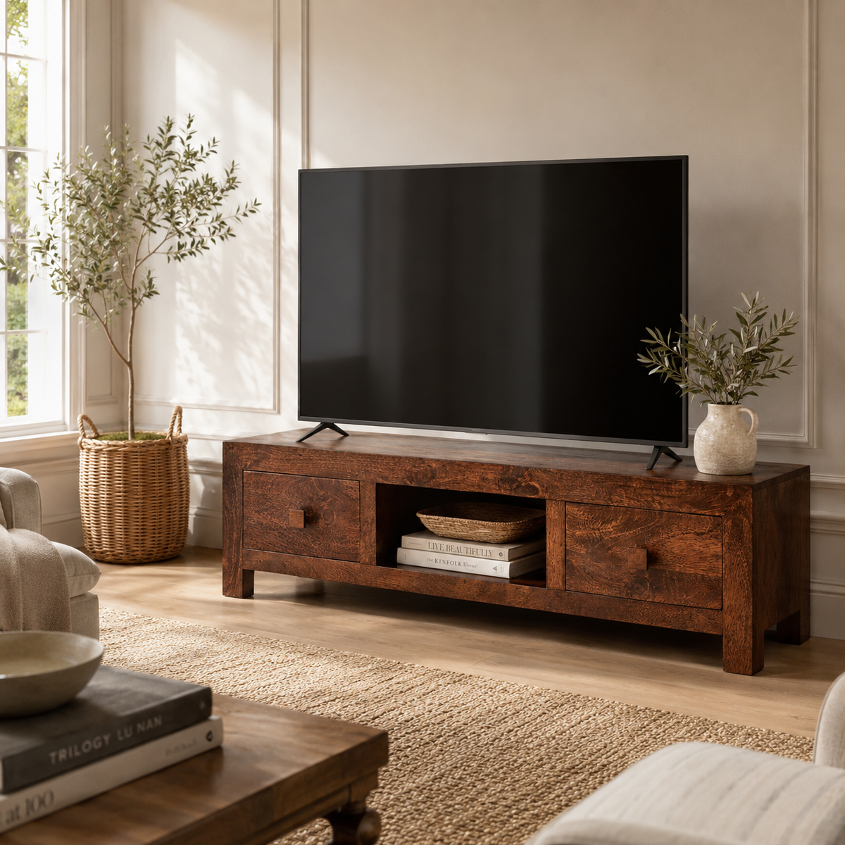 Amrai Wide Screen TV Unit – Dark Mango Wood