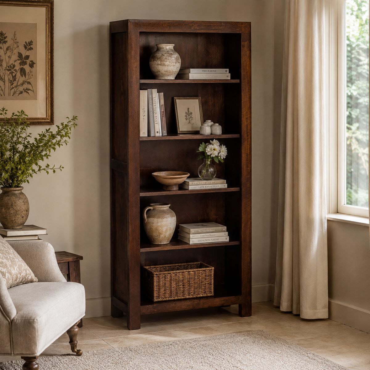 Amrai Large Open Bookcase – Dark Mango Wood