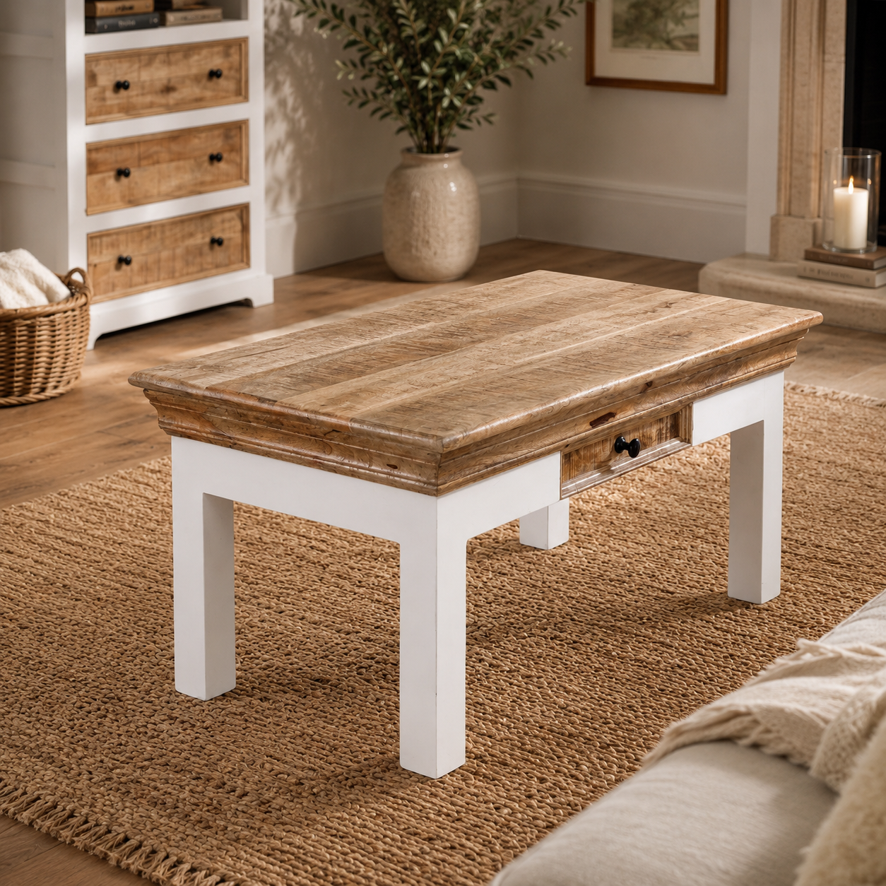 Aangan Coffee Table with Drawer – Solid Mango Wood