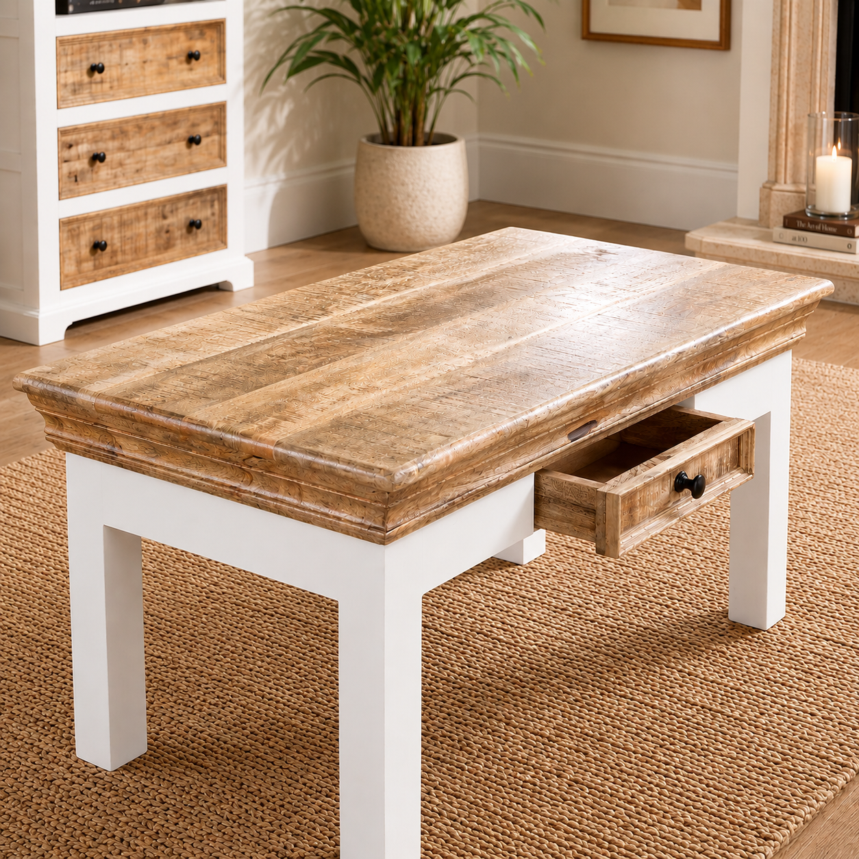 Aangan Coffee Table with Drawer – Solid Mango Wood