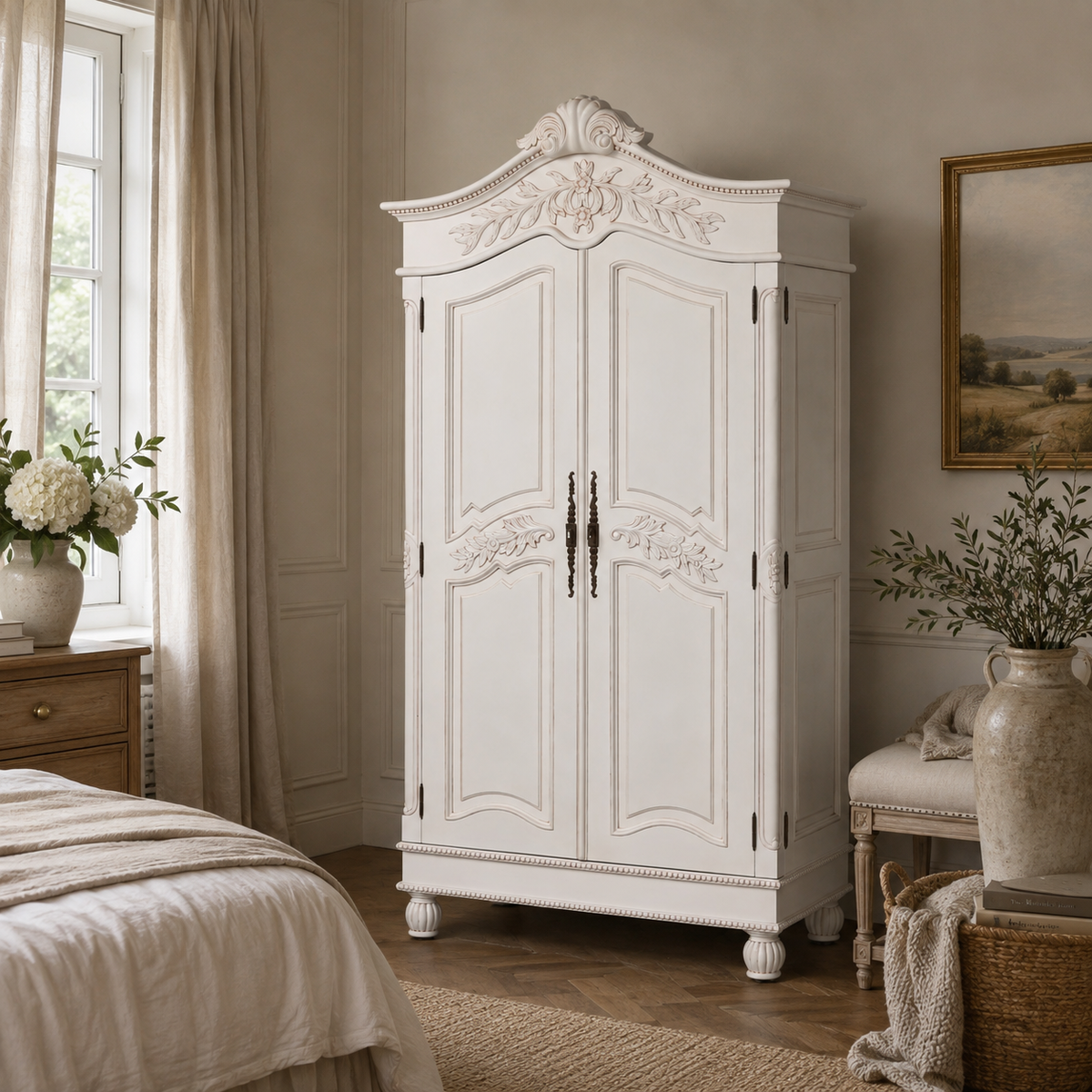 Versailles Carved French Double Armoire – White Mahogany