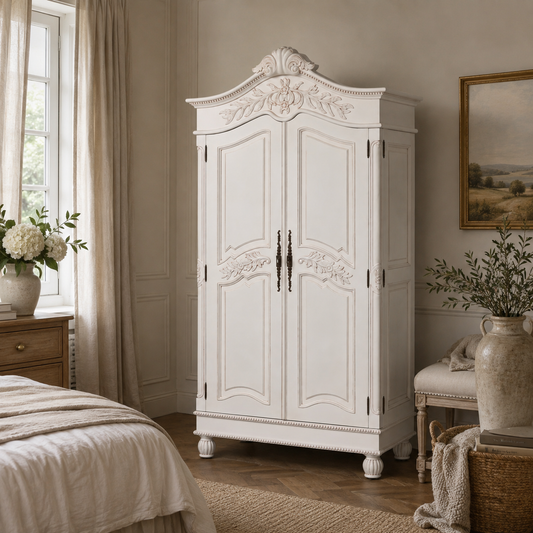 Versailles Carved French Double Armoire – White Mahogany