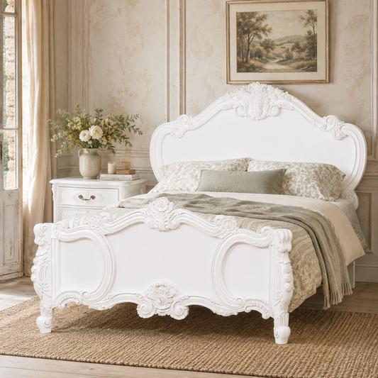 Amélie Carved Double Bed – White Mahogany