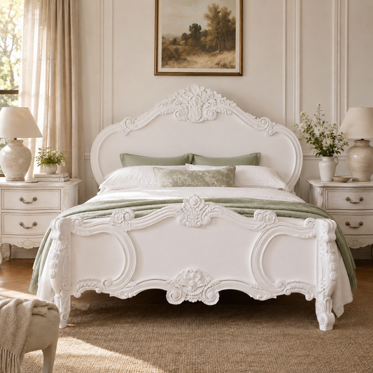 Amélie Carved Rose King Size Bed – White Mahogany