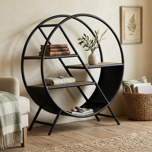 Millstone Round Open Bookcase – Reclaimed Wood & Metal