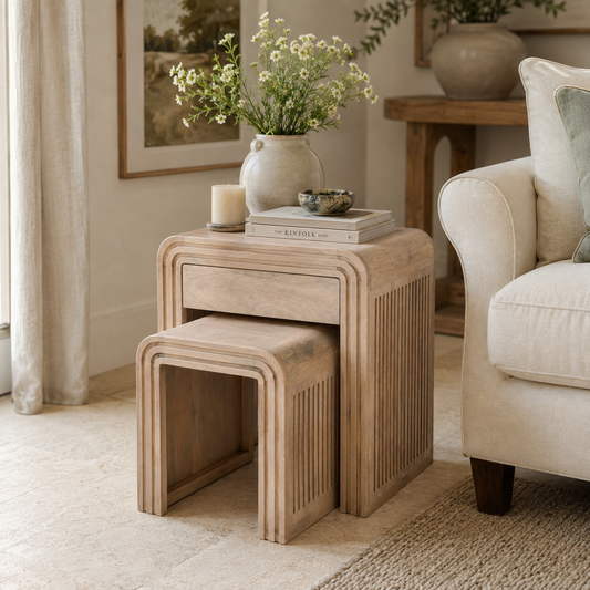Witton Nest of 2 Tables with Drawer – Carved Mango Wood