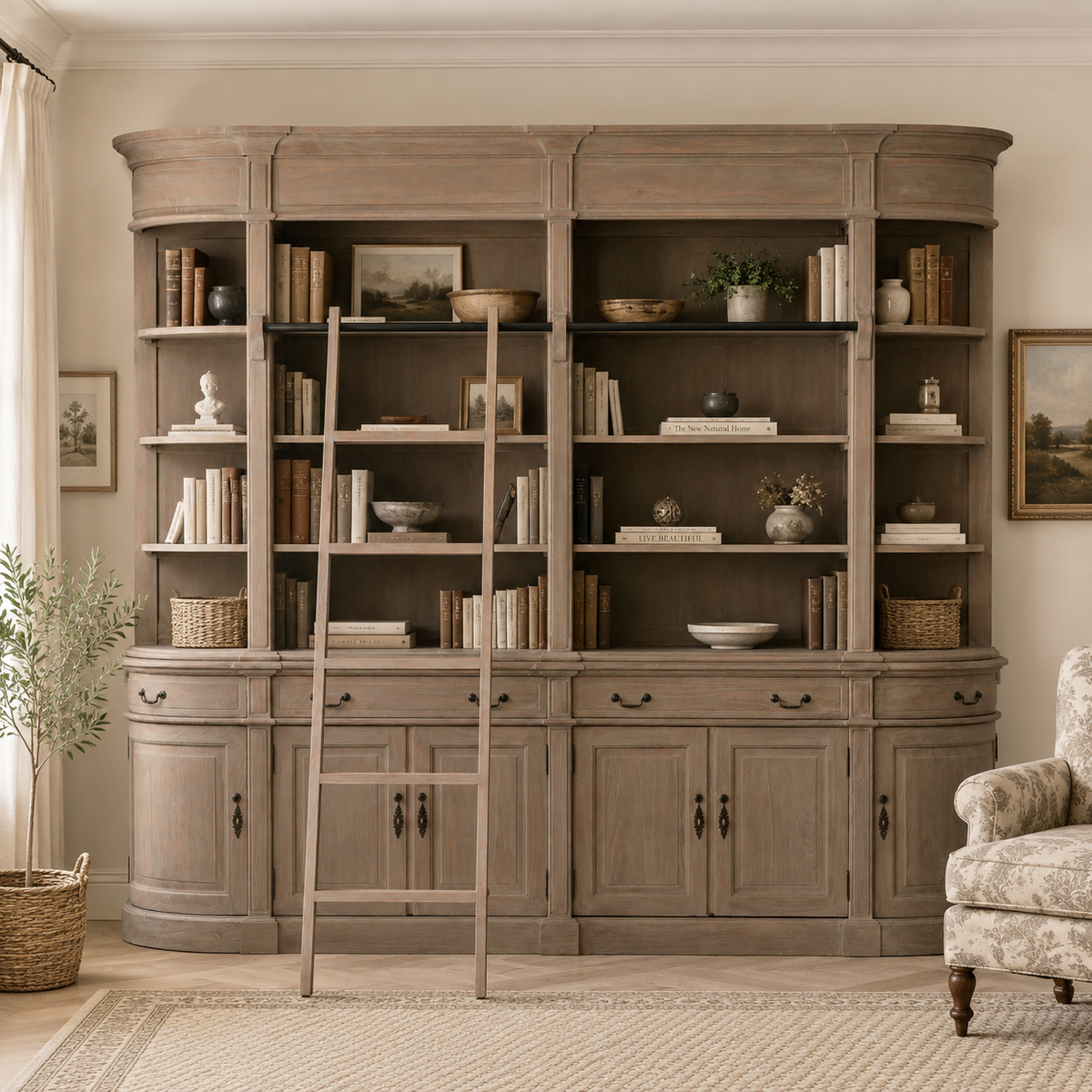 Westbrook Curved Library Bookcase with Ladder – Rustic White Cedar