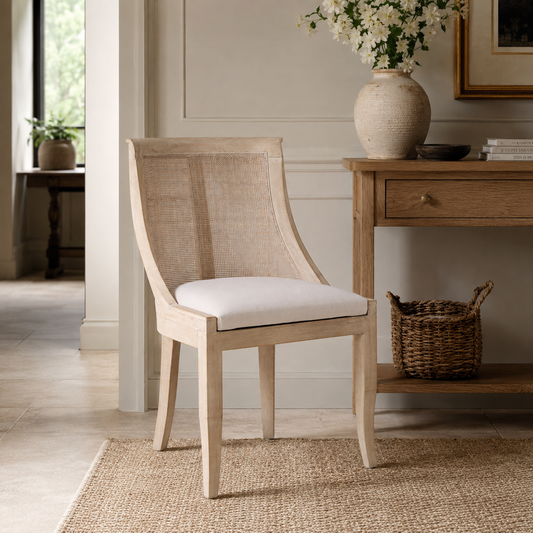 Elodie Rattan Upholstered Dining Chair – Light Wood & Linen
