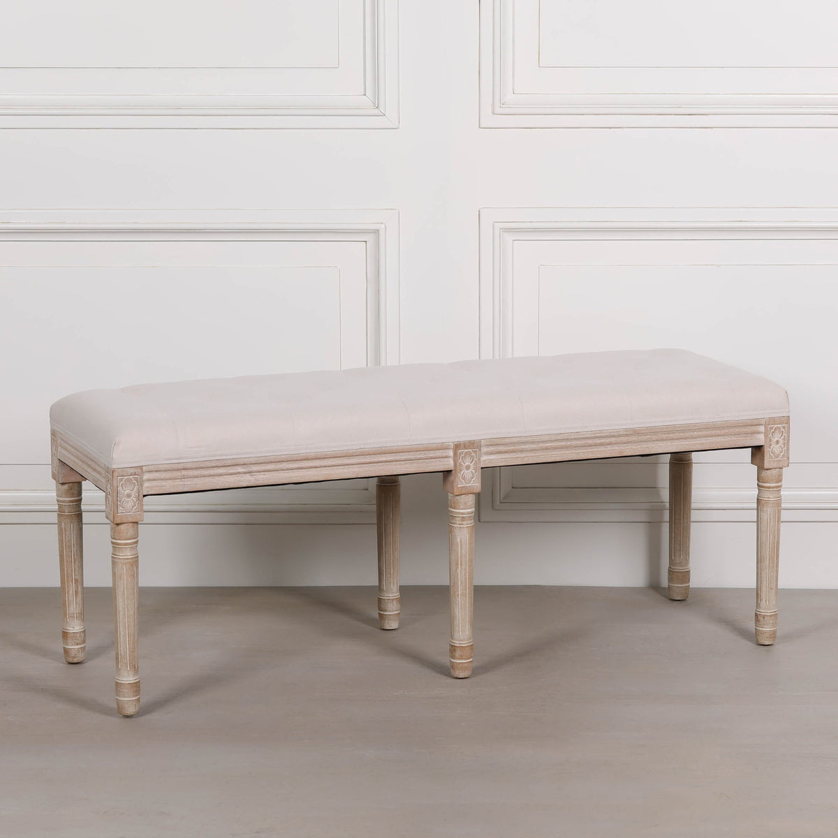 Louis Light Wood Upholstered Bench – Linen