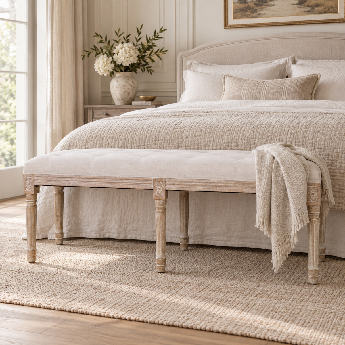 Louis Light Wood Upholstered Bench – Linen