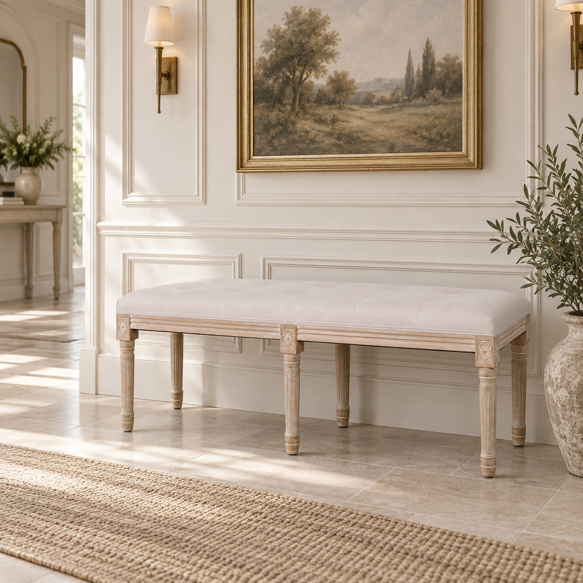 Louis Light Wood Upholstered Bench – Linen