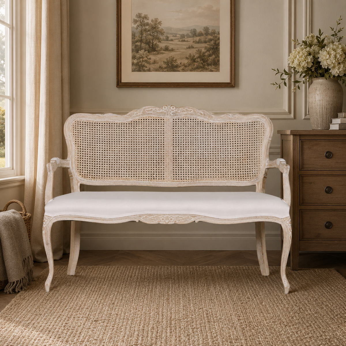Louis Upholstered 2 Seater Settee – Natural Linen