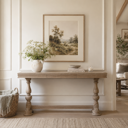 Westbrook Carved Console Table with Drawer – Rustic Natural Wood