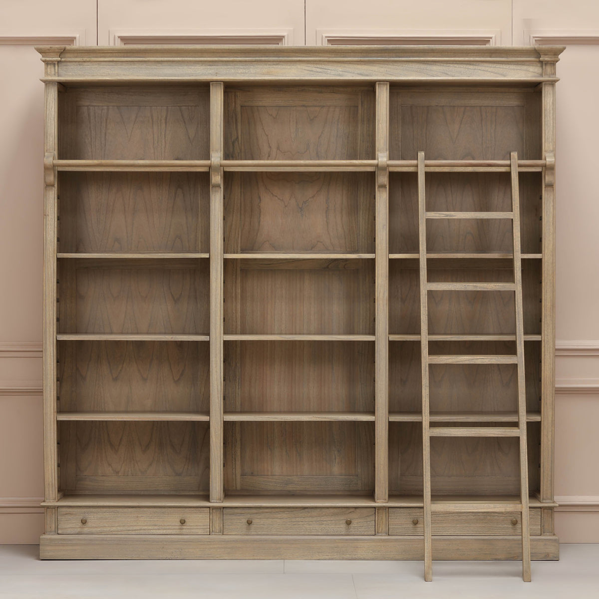 Westbrook Large Library Bookcase with Ladder – Rustic White Cedar