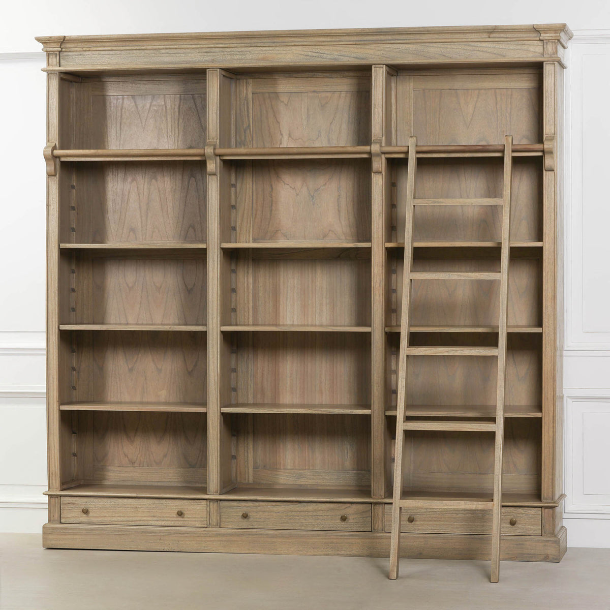 Westbrook Large Library Bookcase with Ladder – Rustic White Cedar