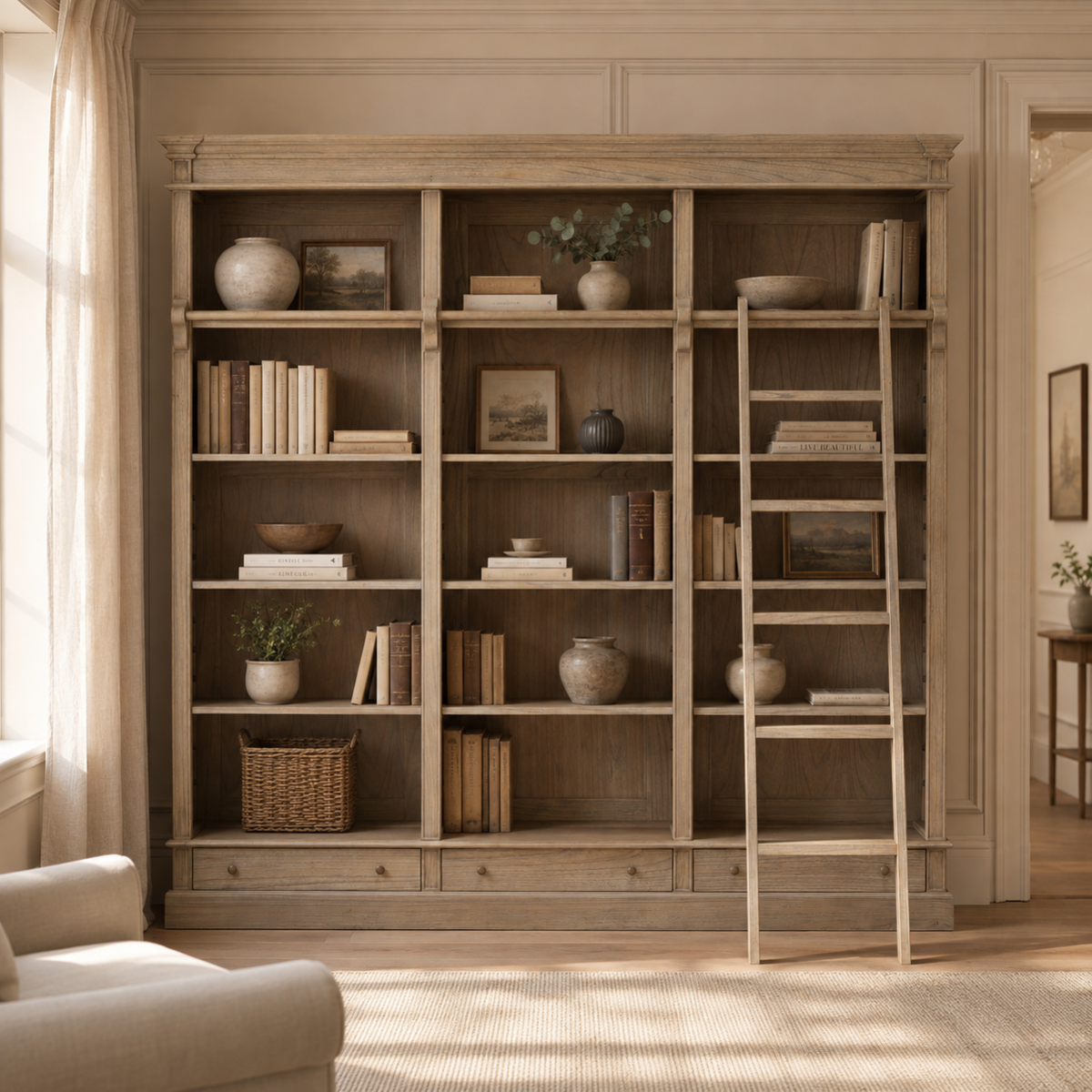 Westbrook Large Library Bookcase with Ladder – Rustic White Cedar